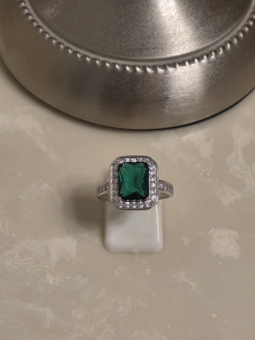 Silver CZ and Emerald Ring Size 8